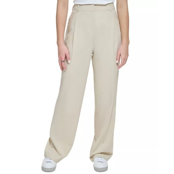 Calvin Klein Womens High Waist Wide Leg comfortable Dress pants Beige Oatmeal 14